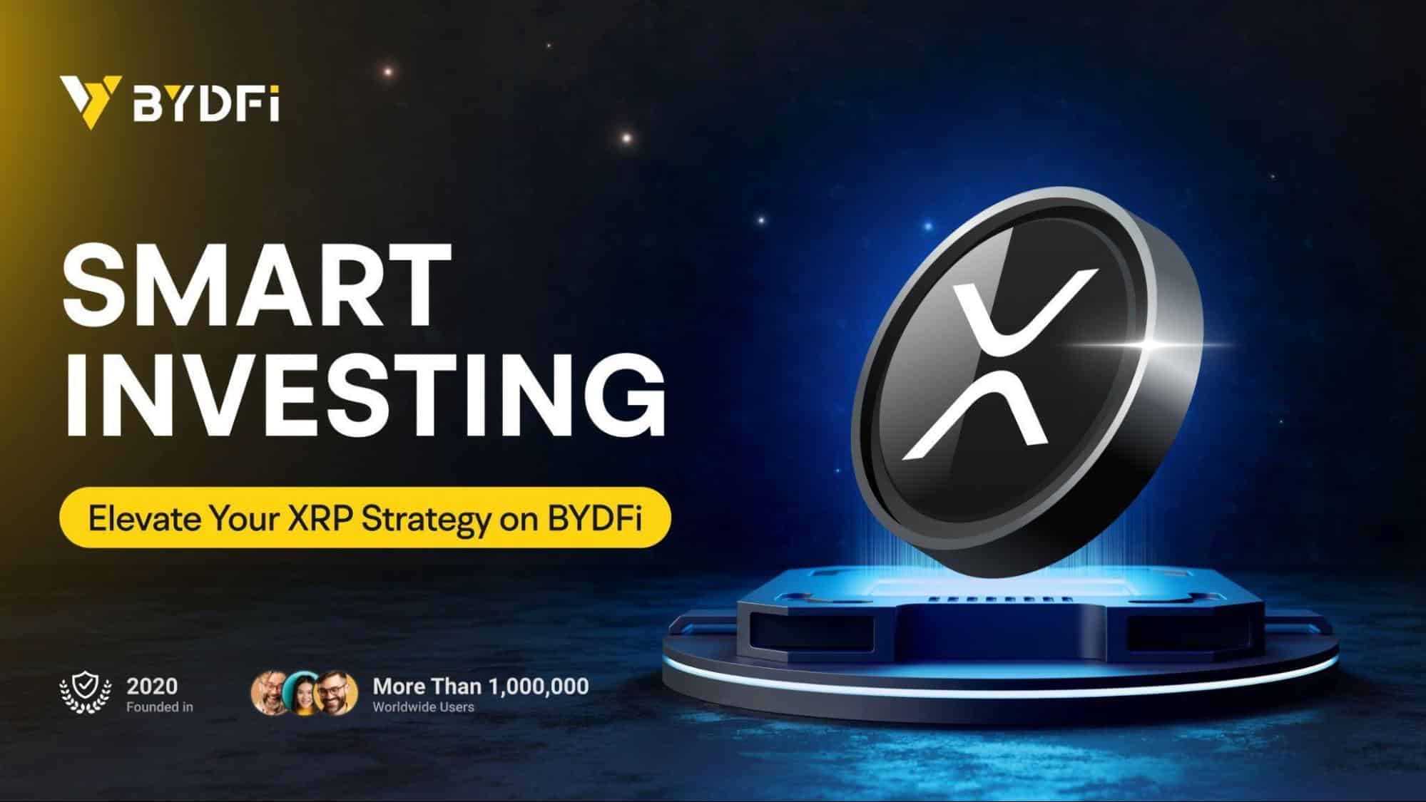 A digital XRP coin floating above a futuristic platform with the text 'Smart Investing – Elevate Your XRP Strategy on BYDFi' alongside the BYDFi logo.