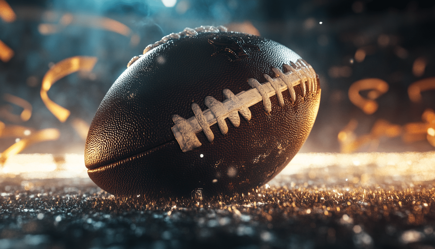 A close-up of an American football resting on a field with glowing lights in the background, symbolizing the excitement of Super Bowl 2025 betting in South Carolina.