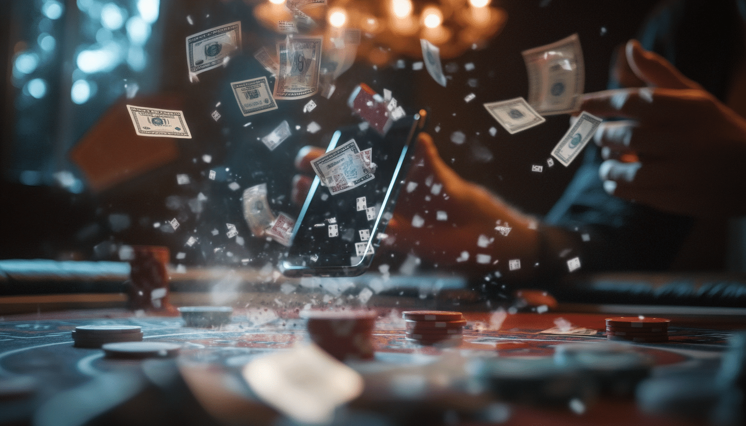 A casino table with poker chips and playing cards, with money flying in the air, creating a dynamic and thrilling gambling atmosphere.