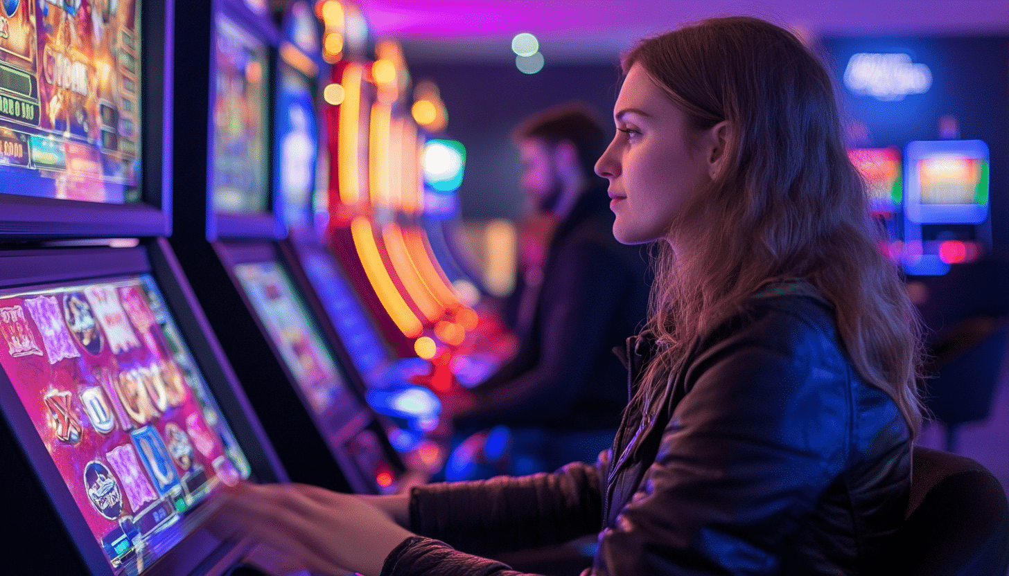 A young woman playing a slot machine in a dimly lit casino, surrounded by colorful gaming screens.