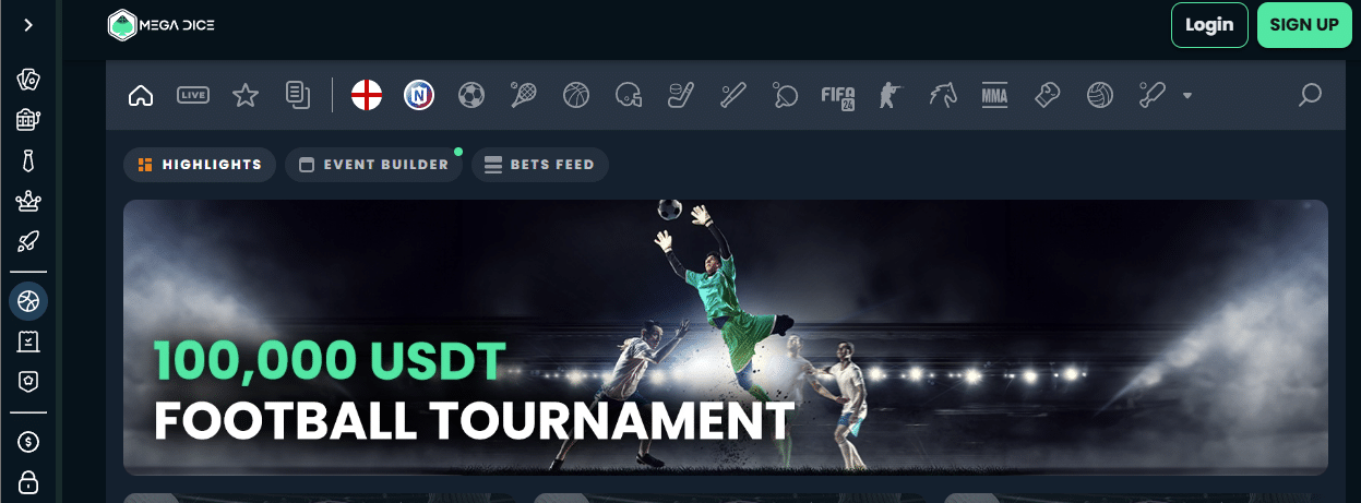 Mega Dice sportsbook promotional banner featuring a 100,000 USDT football tournament, with a goalkeeper making a diving save under stadium lights.