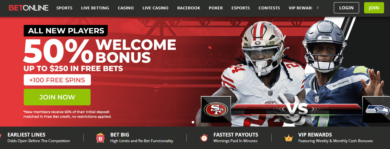 BetOnline sportsbook promotional banner offering a 50% welcome bonus up to $250 in free bets, featuring two American football players in a game matchup.