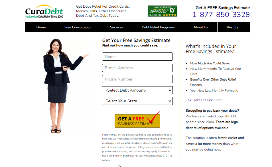 Screenshot of CuraDebt's website showing a debt relief consultation form, company logo, and an explanation of their debt settlement services.