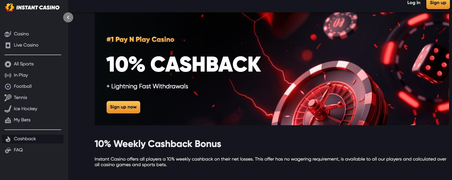 Screenshot of Instant Casino's homepage, highlighting a 10% cashback promotion on net losses, fast withdrawals, and a sleek casino interface.