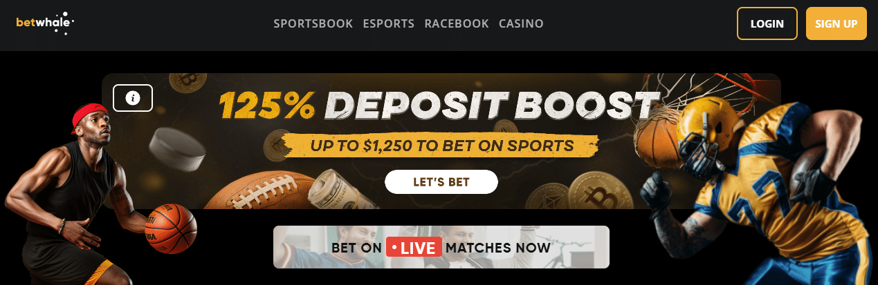 BetWhale sportsbook promotional banner displaying a 125% deposit boost for sports betting, featuring athletes from basketball and football.
