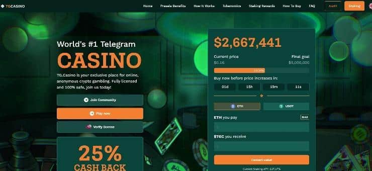 Screenshot of TG.Casino's homepage, showcasing its crypto-based gambling platform with a $2.6 million staking pool, cashback promotions, and deposit options for ETH and USDT.