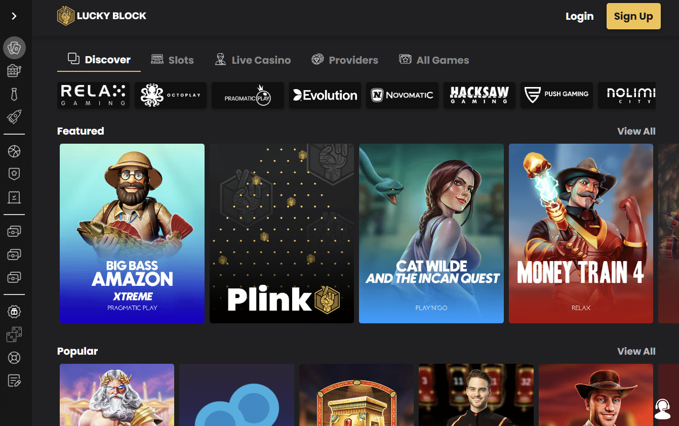 Screenshot of Lucky Block Casino's homepage showcasing featured games, live casino options, and major gaming providers like Evolution and Pragmatic Play.