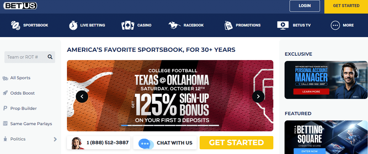 BetUS sportsbook homepage featuring a 125% sign-up bonus for first three deposits, with a promotional banner for a Texas vs. Oklahoma college football game.