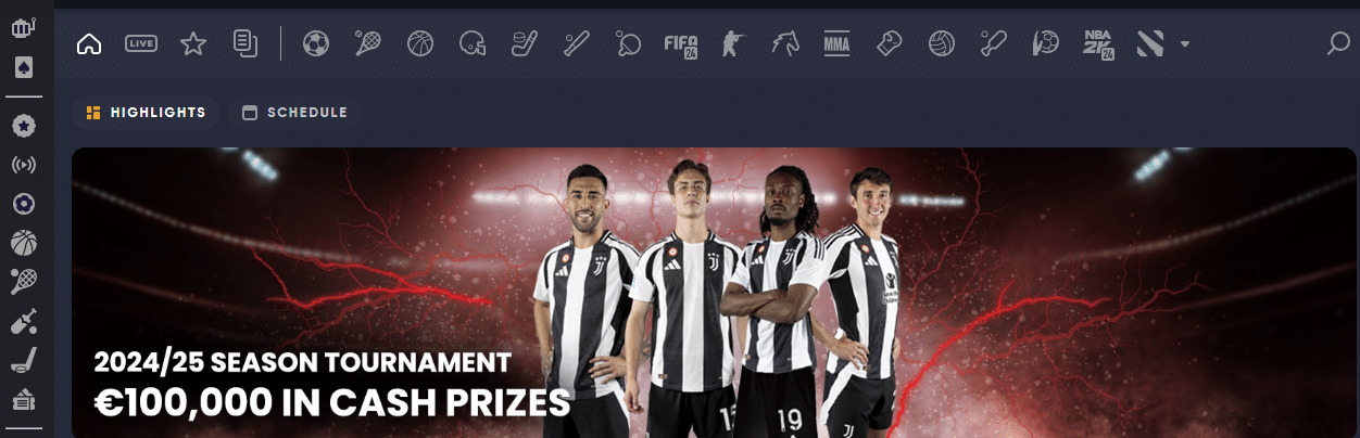 Instant Casino sportsbook promotional banner featuring Juventus football players and a €100,000 prize pool for the 2024/25 season tournament.