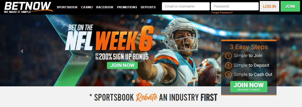 BetNow sportsbook homepage featuring a promotional banner for NFL Week 6 with a 200% sign-up bonus, including details on easy steps to join, deposit, and cash out.