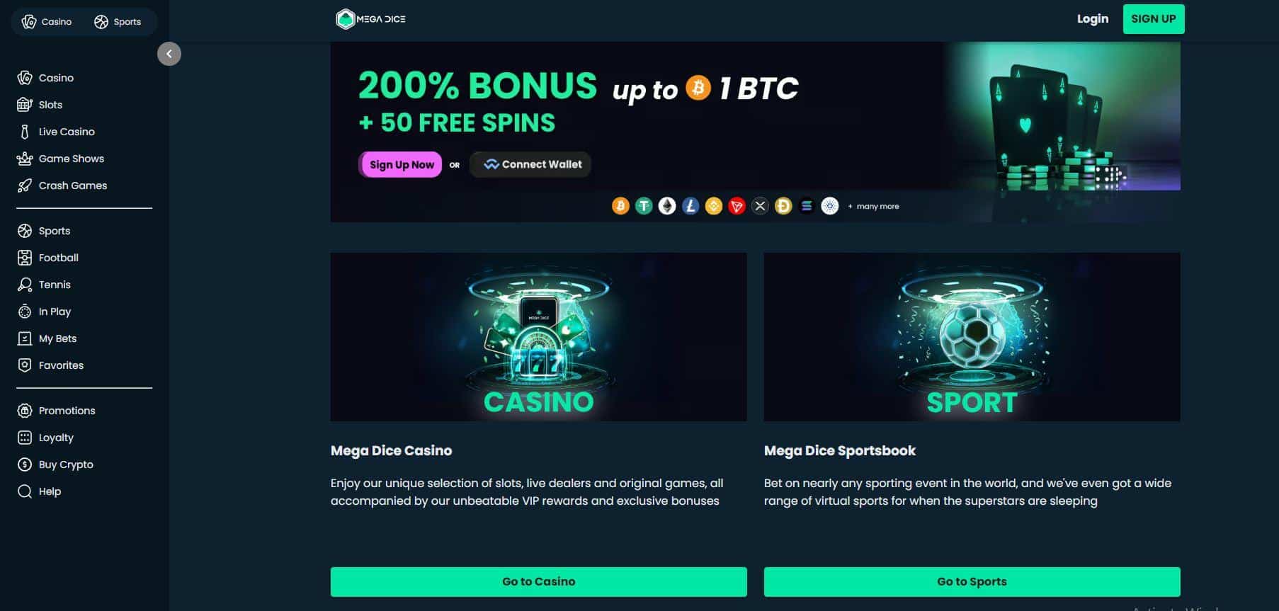 Screenshot of Mega Dice Casino's homepage showcasing a 200% bonus up to 1 BTC, 50 free spins, and sections for casino games and sports betting.