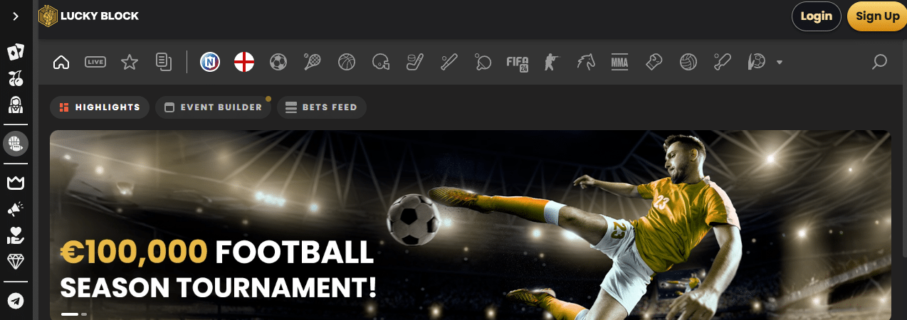 Lucky Block sportsbook promotional banner featuring a €100,000 football season tournament, with a soccer player kicking a ball in action.