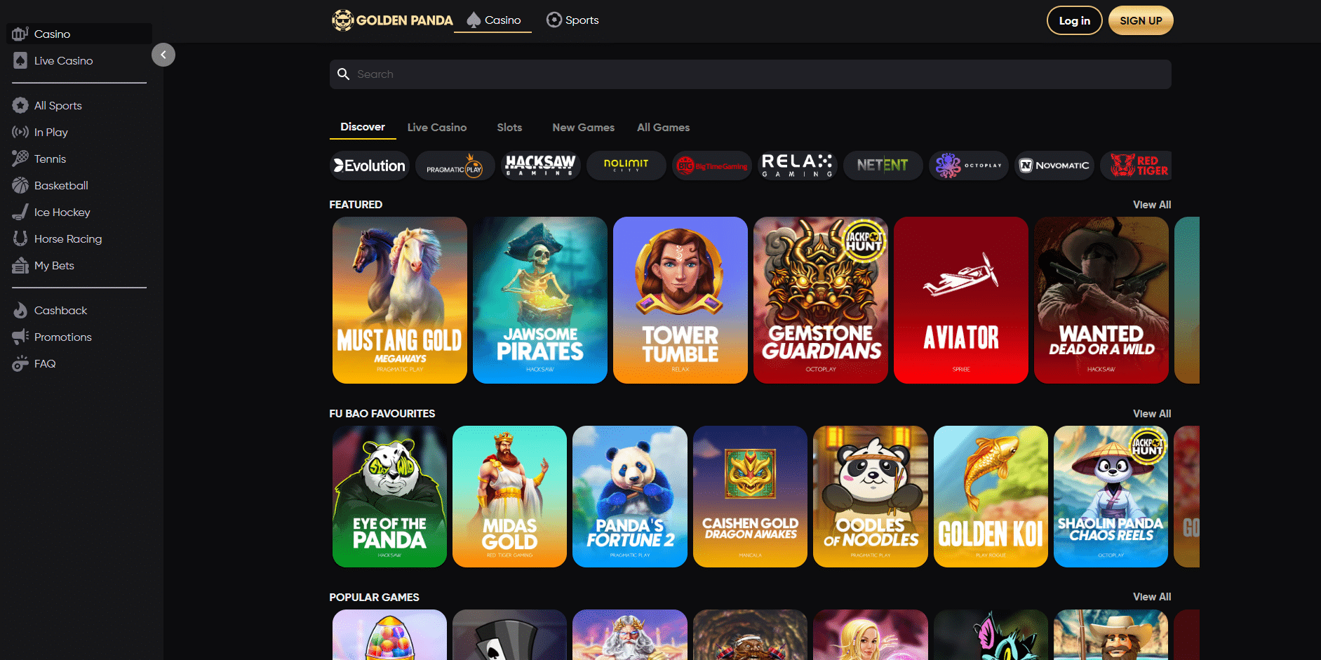 Screenshot of Golden Panda Casino's homepage showcasing a selection of featured slot games, live casino options, and major gaming providers.