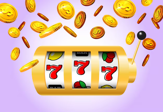 Golden slot machine with triple sevens and flying gold coins, representing a winning spin and online casino excitement.
