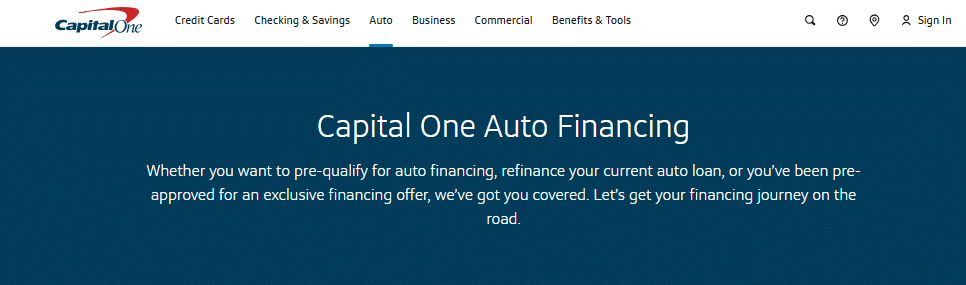 Screenshot of Capital One Auto Financing webpage showing their message about pre-qualifying and refinancing, accompanied by a breakdown of credit approval, interest rates, and refinancing updates for 2025.