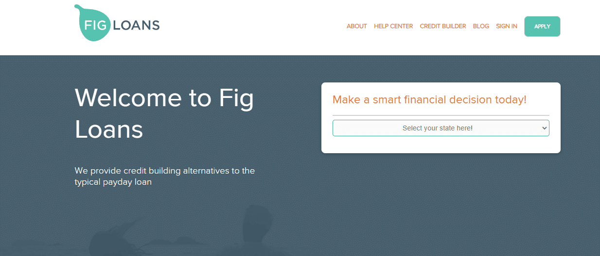 Screenshot of Fig Loans website homepage with tagline 'Welcome to Fig Loans' offering credit-building alternatives to payday loans.
