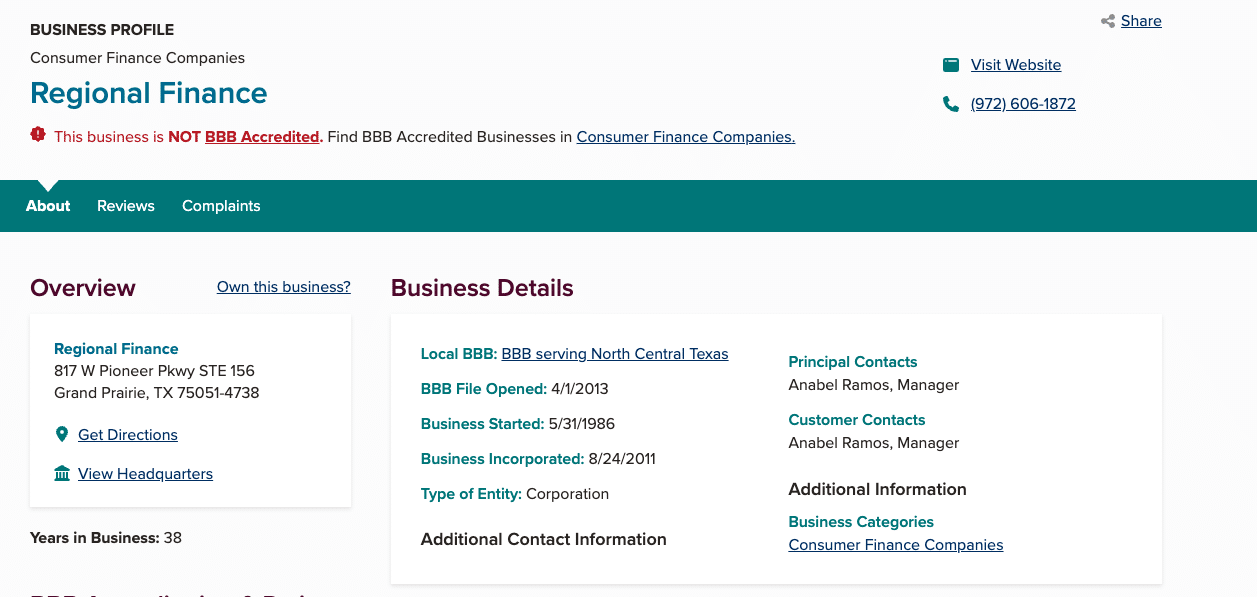Screenshot of Regional Finance Better Business Bureau profile showing business details, non-accreditation status, and customer contact information.