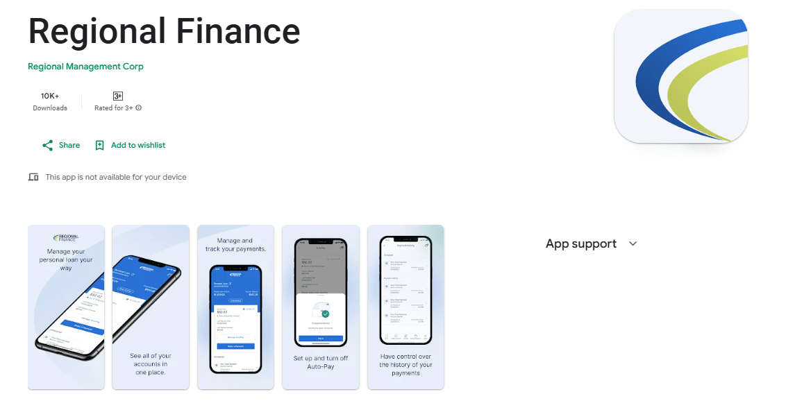 Screenshot of Regional Finance Google Play app page displaying user interface previews and overall customer rating for loan service reviews.