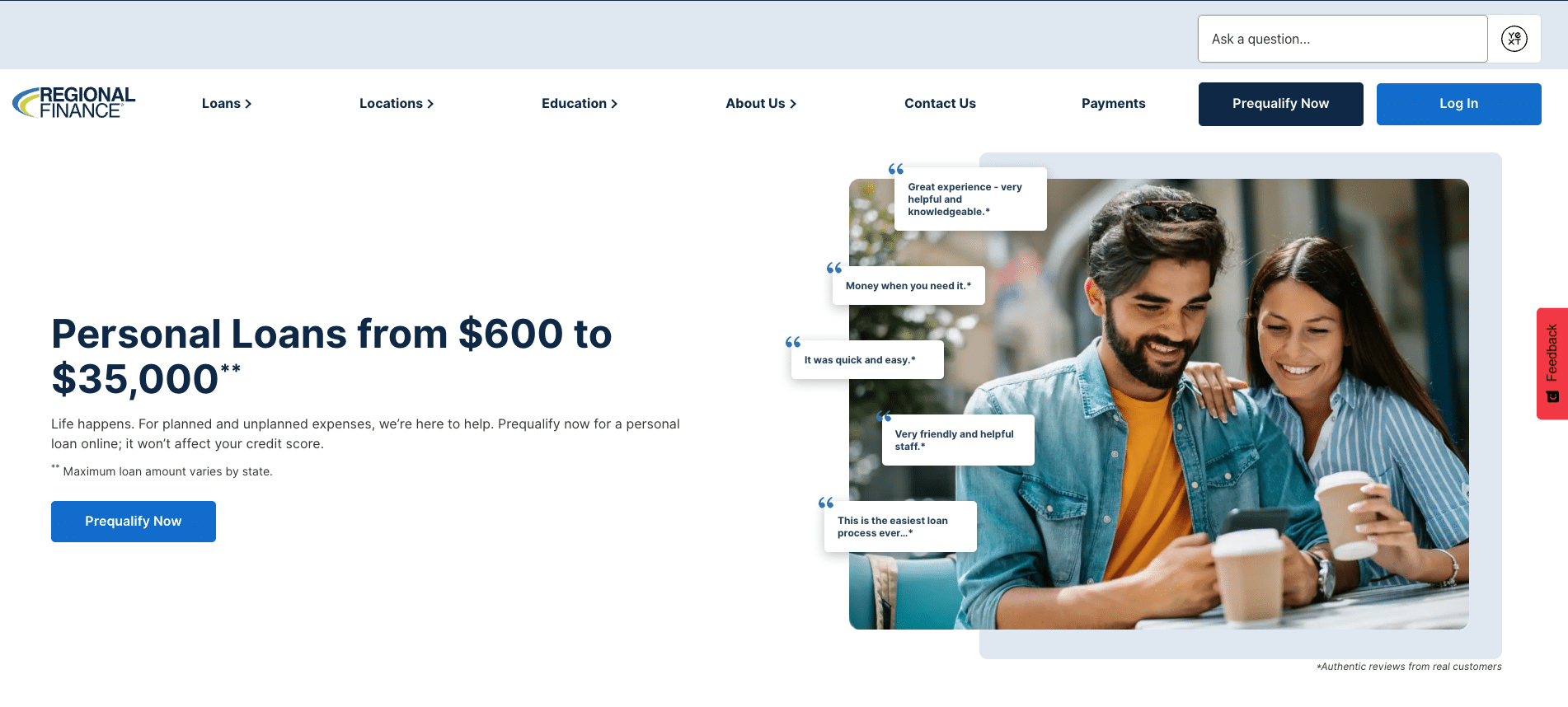 Screenshot of Regional Finance website highlighting personal loan options from $600 to $35,000 with customer testimonials and prequalification button.