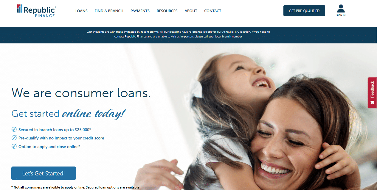 Screenshot of the Republic Finance website homepage showing a smiling mother and child, promoting consumer loan services including secured loans up to $25,000 and online pre-qualification for borrowers with subprime credit