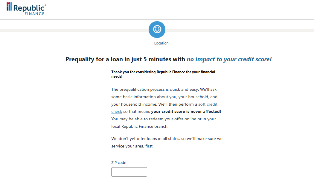 Screenshot of Republic Finance’s online prequalification form showing how applicants can check loan eligibility in minutes without impacting their credit score