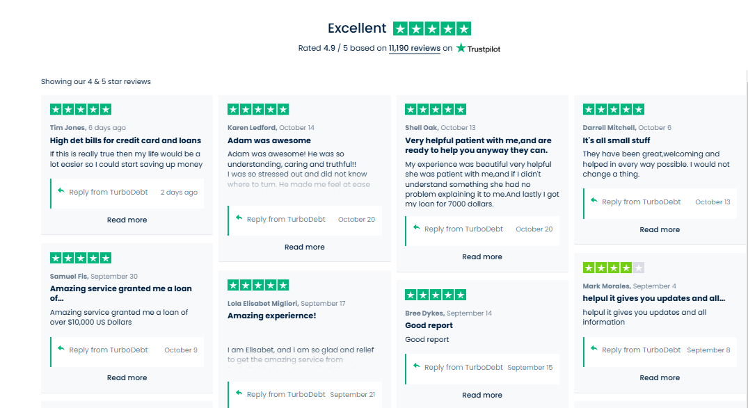 Screenshot of TurboDebt customer reviews on Trustpilot showing 4 and 5-star ratings and positive feedback about their debt relief services.