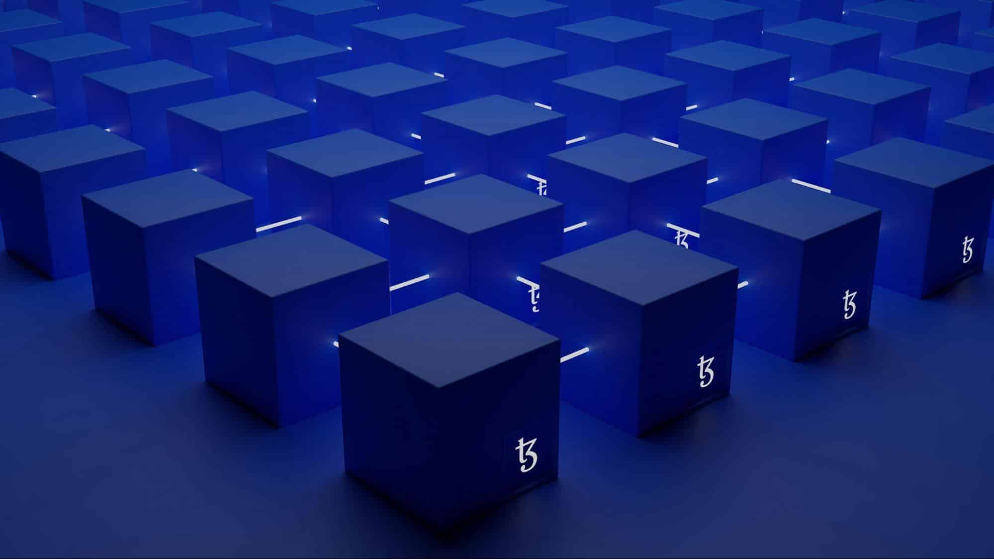 A digital rendering of multiple glowing blue cubes, each featuring a blockchain symbol, representing the concept of blockchain technology and decentralized data systems.
