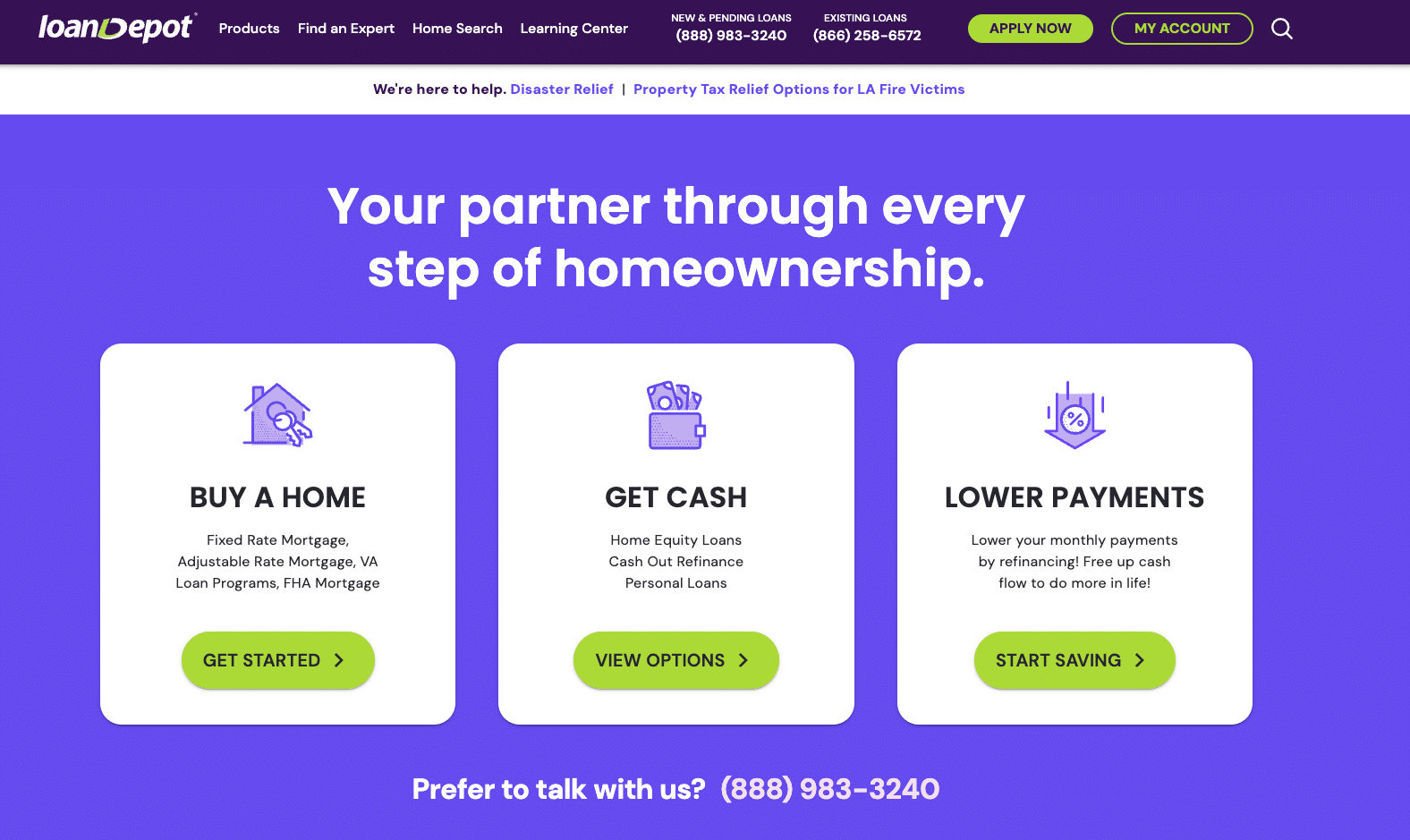 loanDepot company overview section showing home loan options, refinancing, and equity cash-out offers for homeowners with digital tools.