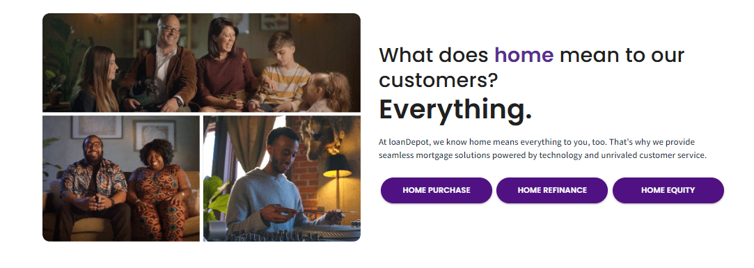 loanDepot application process overview with customer-focused messaging and step-by-step eligibility requirements for home loans, refinancing, and equity access.