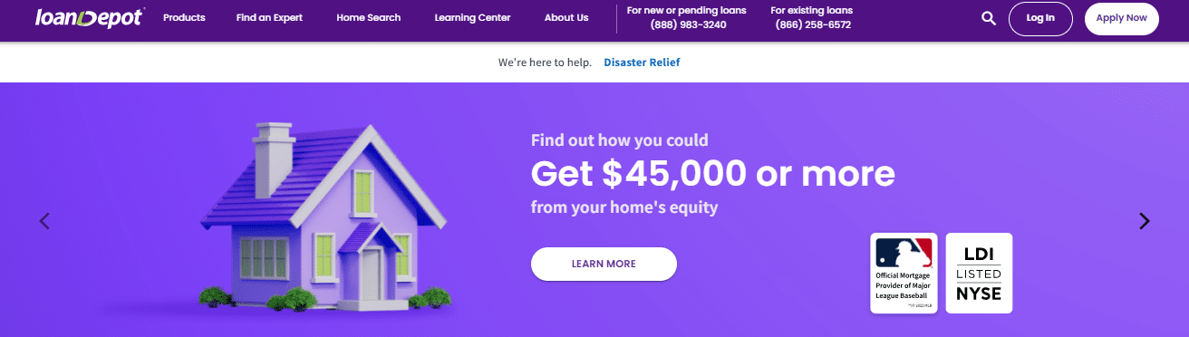 loanDepot loan products and services banner highlighting home equity loans, refinancing options, and home purchase loans with financing solutions.
