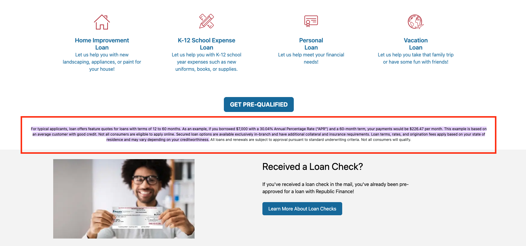 Republic Finance APR and term disclosure example showing a 30.04% APR loan scenario
