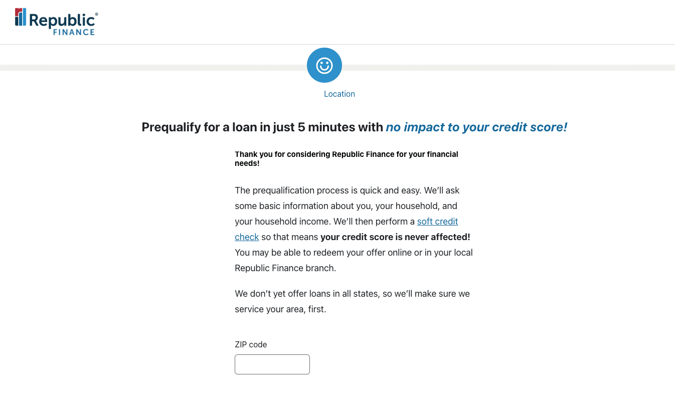 Republic Finance prequalification form with ZIP code entry and no credit impact note