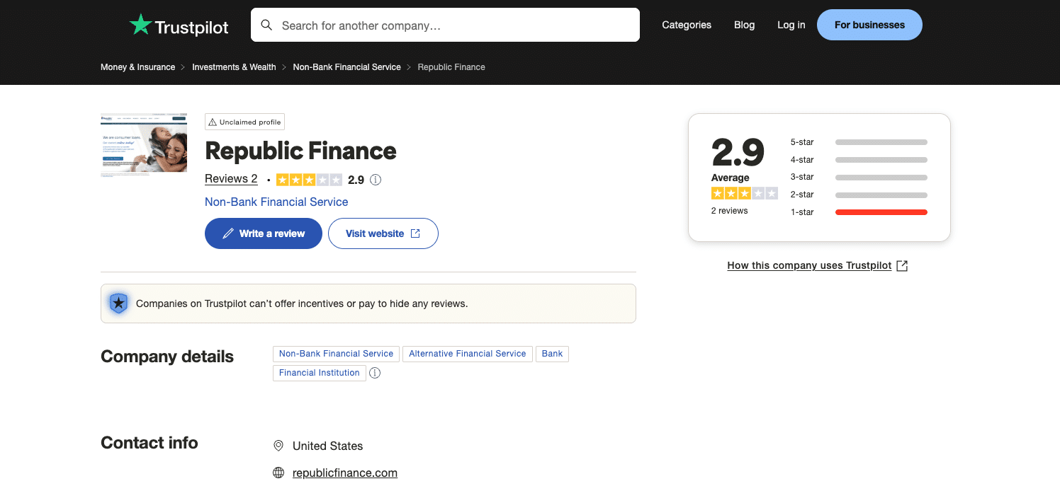 Trustpilot listing for Republic Finance showing a 2.9-star average based on 2 reviews