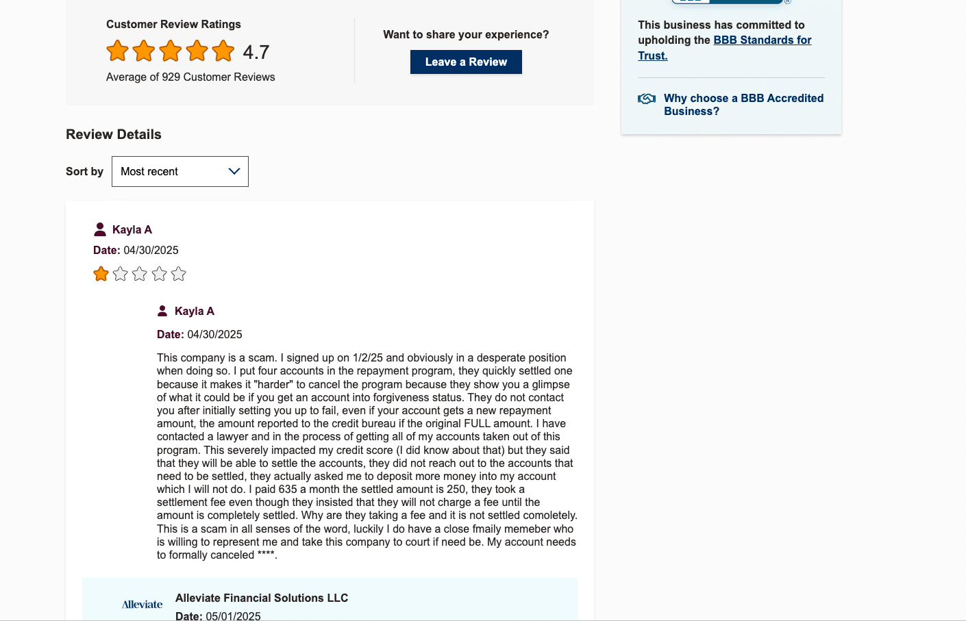Screenshot of Alleviate Financial Solutions' Better Business Bureau profile showing a 4.7-star rating, A+ accreditation, and mixed customer reviews including both praise for support and concerns about service timelines.