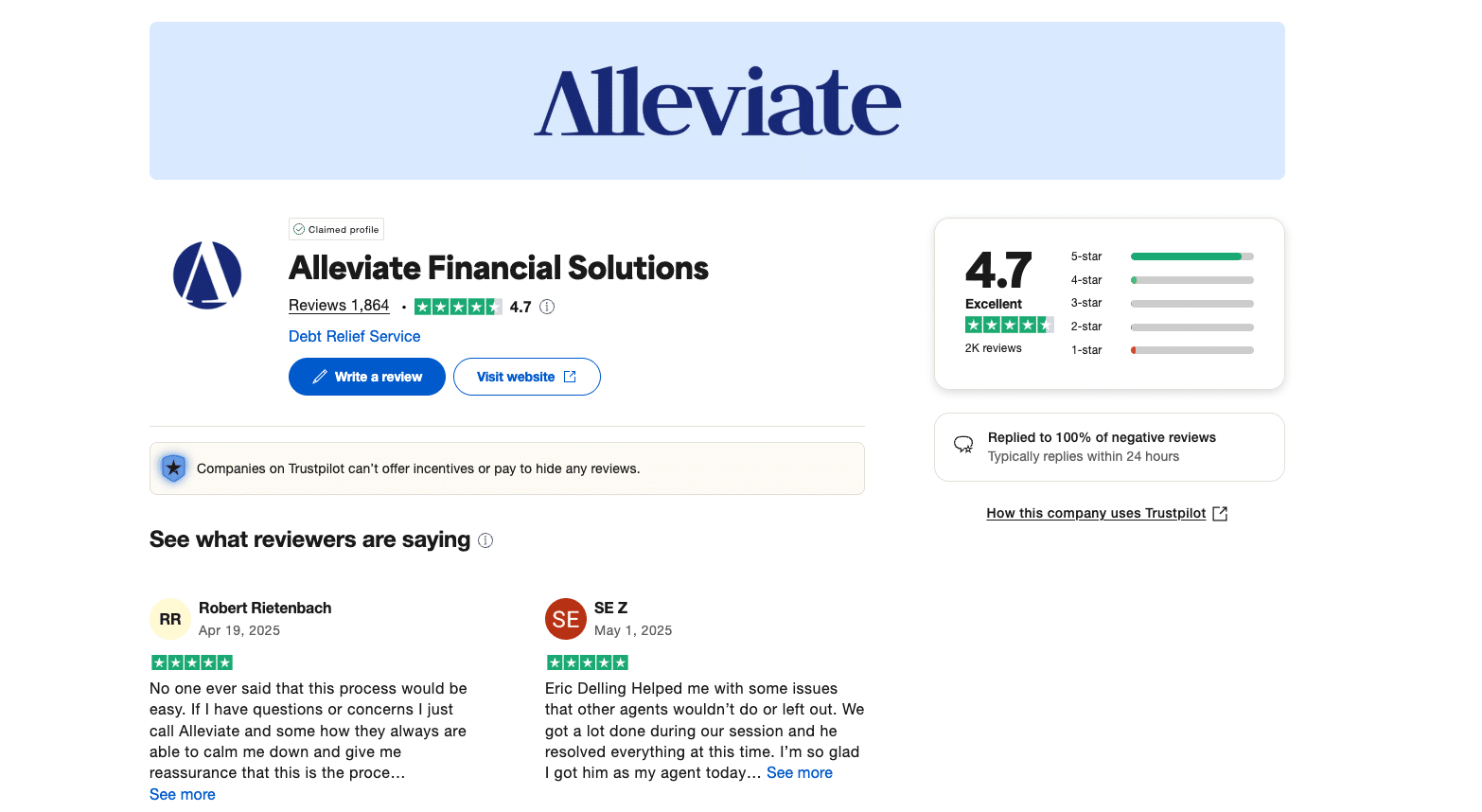 Trustpilot profile page of Alleviate Financial Solutions showing a 4.7 out of 5 star rating, verified customer reviews highlighting both positive experiences with debt relief and concerns about communication delays.