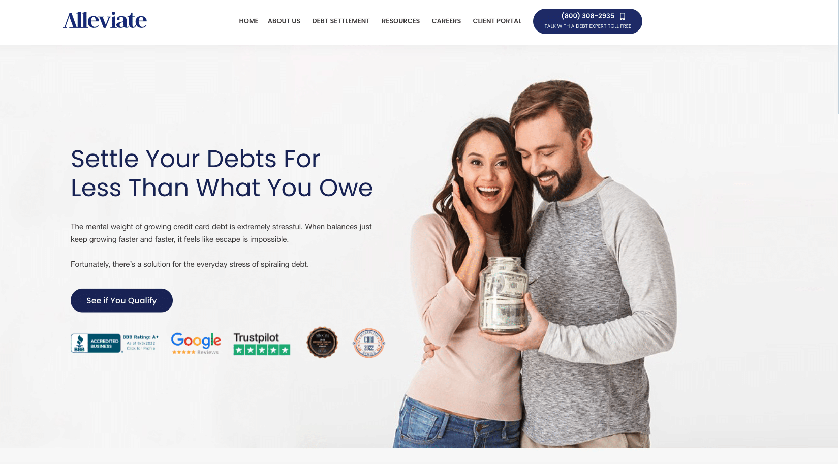 Homepage banner of Alleviate Financial Solutions featuring a smiling couple holding a jar of savings, promoting debt settlement services with the message "Settle Your Debts For Less Than What You Owe" and highlighting Trustpilot and Google reviews.