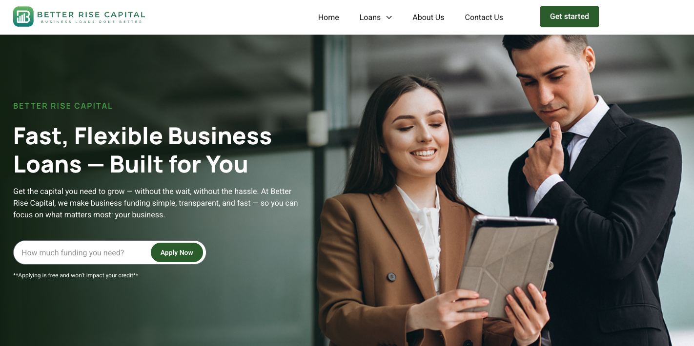 Two business professionals reviewing funding options on a tablet, representing Better Rise Capital’s fast and flexible business loan services for entrepreneurs.