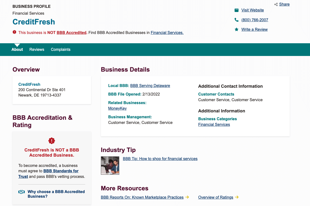Screenshot of CreditFresh’s Better Business Bureau profile showing unaccredited status, F rating, business details, and customer service contact.