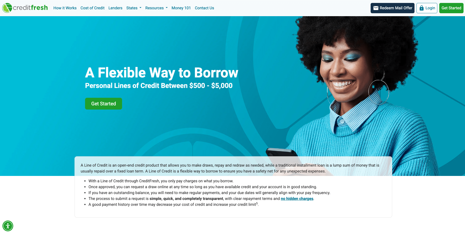 Promotional banner from CreditFresh showing a smiling woman in a blue sweater with text promoting flexible personal lines of credit between $500 and $5,000, emphasizing fast and easy borrowing options.