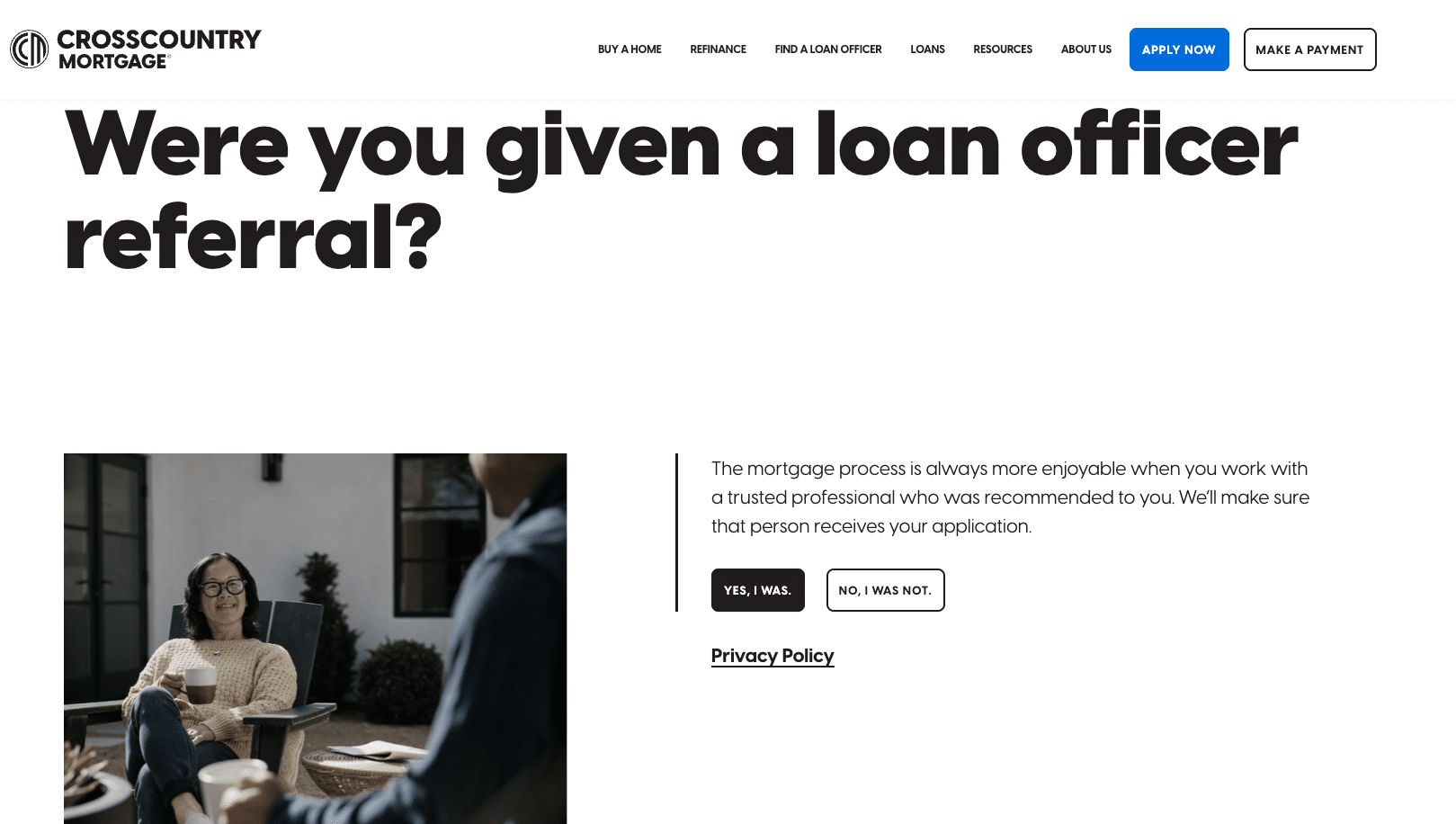 CrossCountry Mortgage application process with a referral prompt and image of a loan officer meeting a customer in a modern office