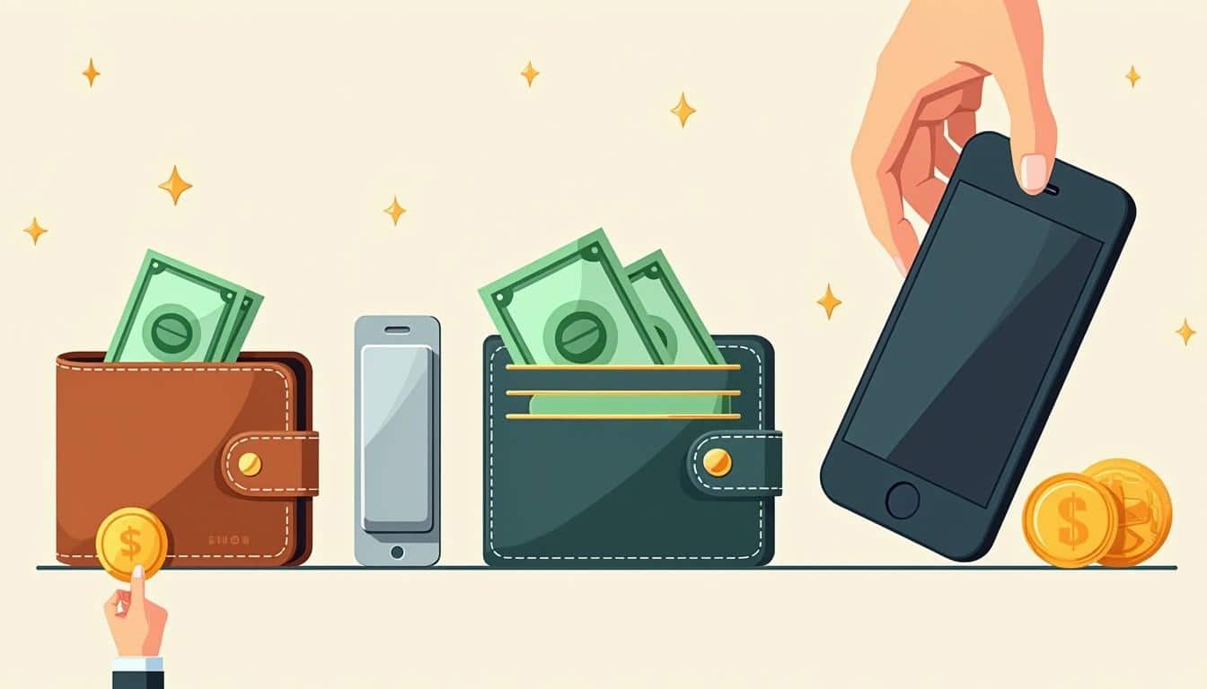 Illustration of wallets, money, smartphones, and coins symbolizing the shift to digital assets in corporate treasury and cash management.