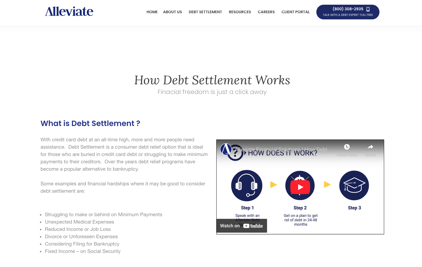 Screenshot of Alleviate Financial Solutions’ webpage showing the “How Debt Settlement Works” video and explanation, including steps for consultation, debt resolution in 24–48 months, and financial education support.