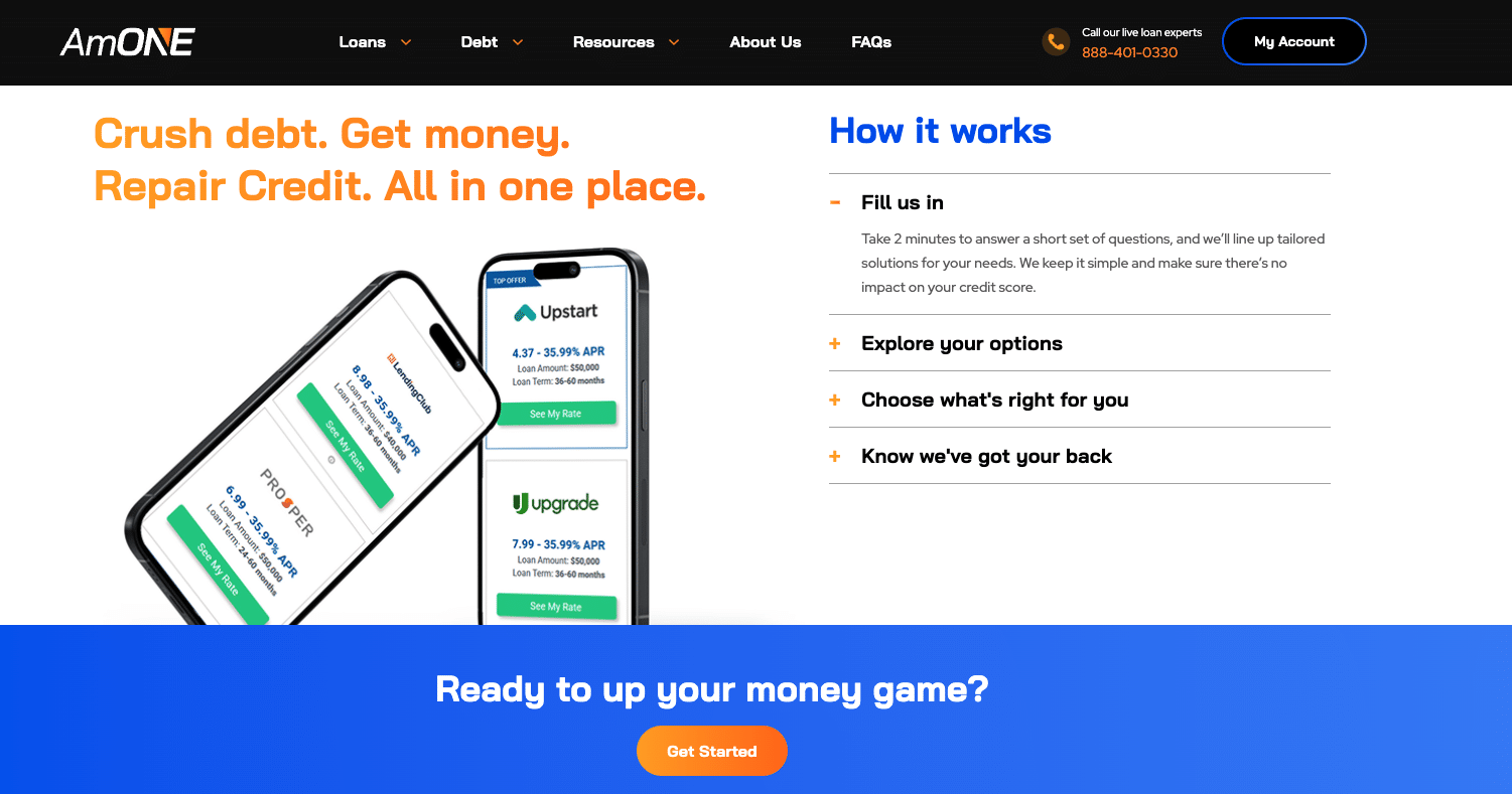 AmONE step-by-step loan application process displayed on their website with phones showing lender options