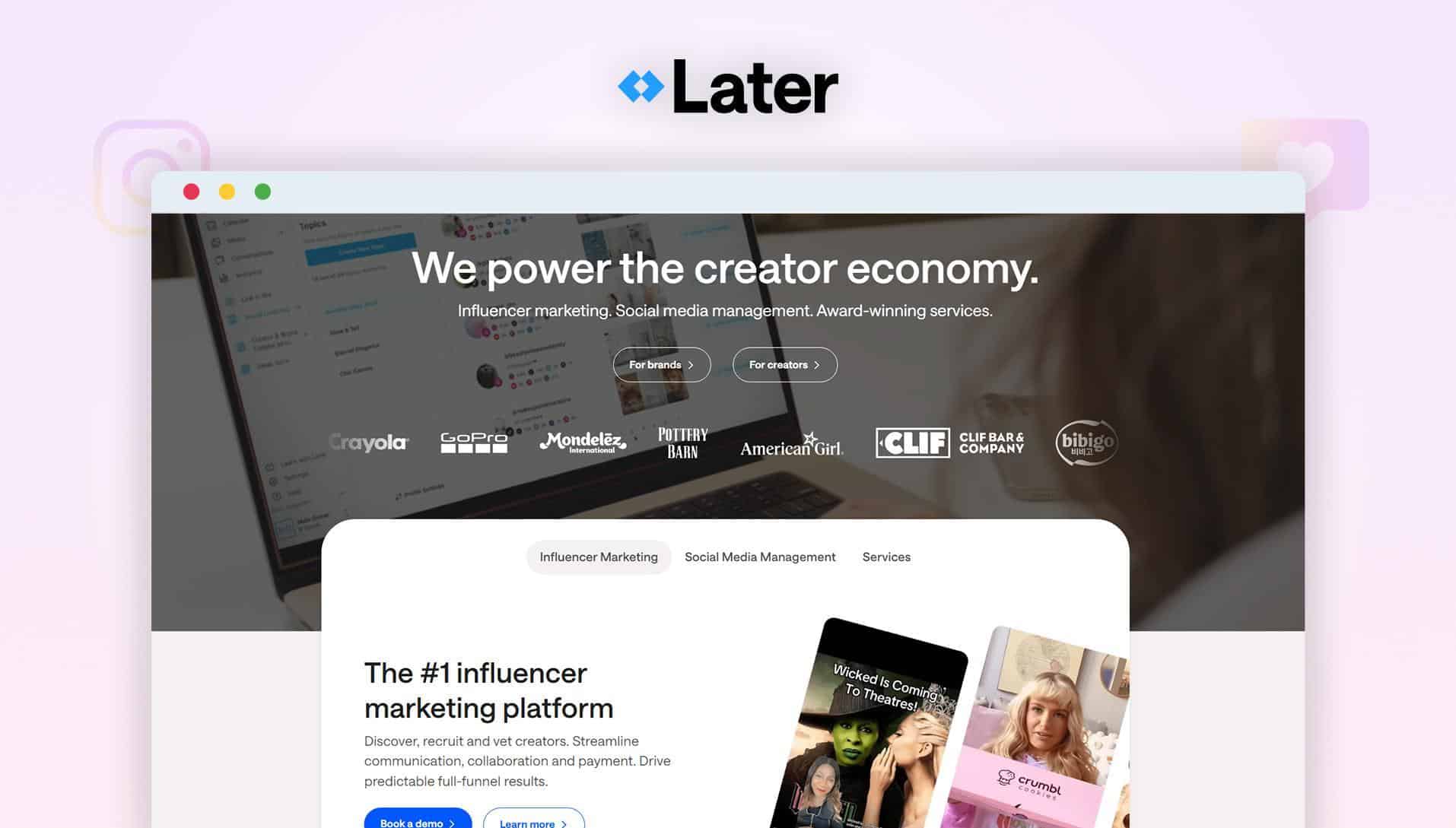 Later’s influencer marketing platform homepage emphasizing visual feed planning and brand-consistent content scheduling tools.