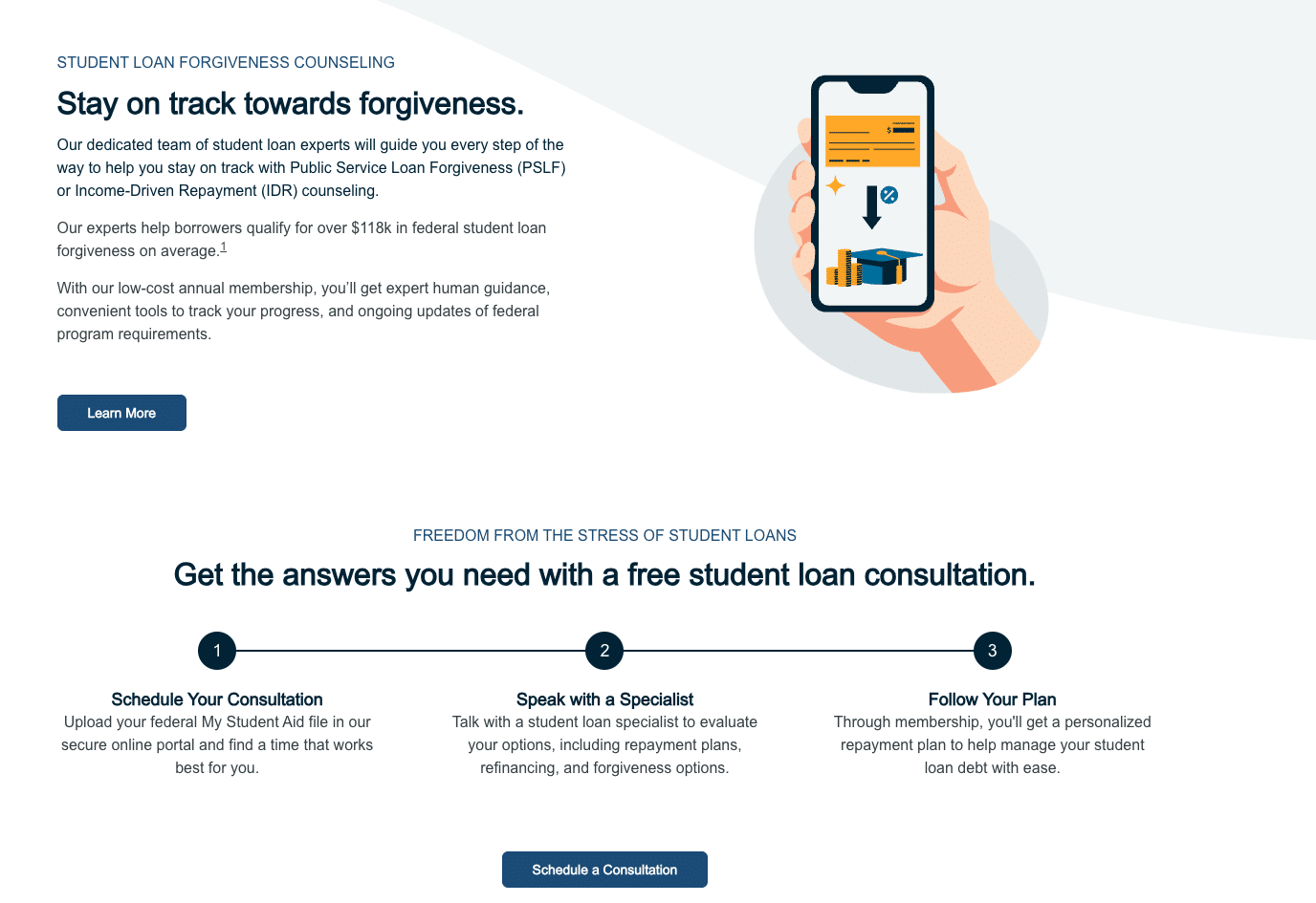 Laurel Road refinancing section showing student loan consultation steps and forgiveness counseling for borrowers