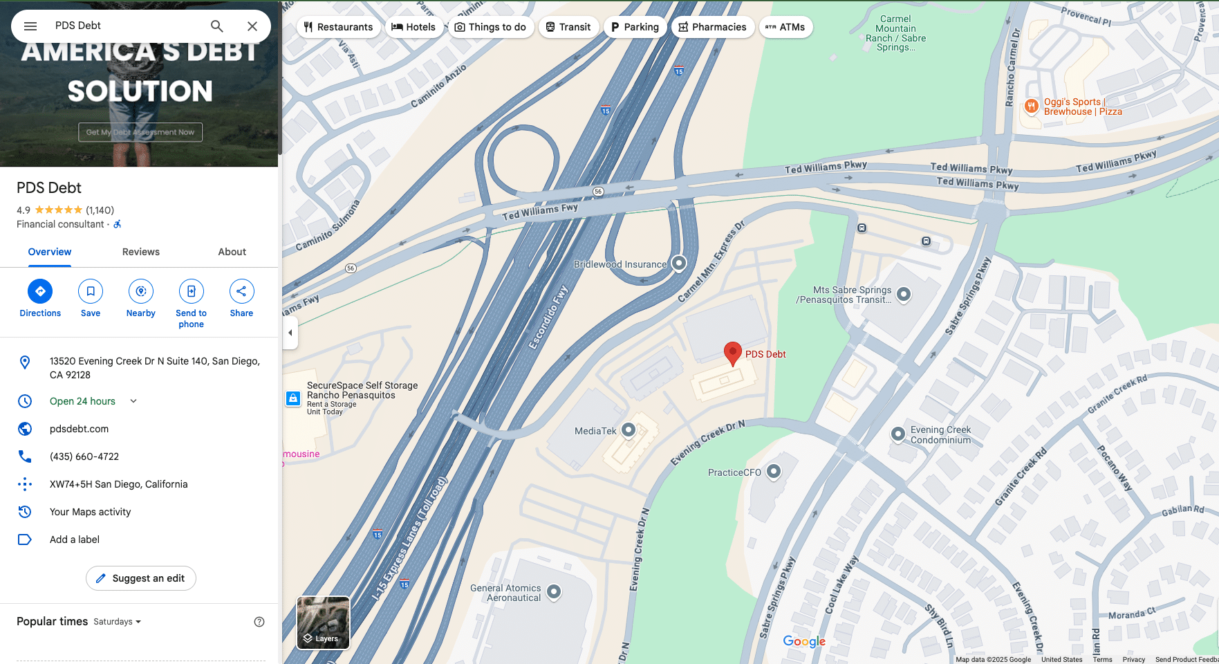 Google Maps listing for PDS Debt with business location, star rating, and customer reviews.