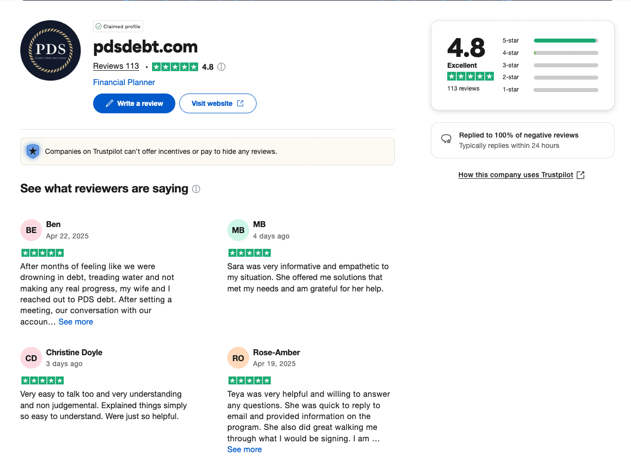 Trustpilot reviews for PDS Debt with a 4.8-star rating and user feedback on debt relief services.