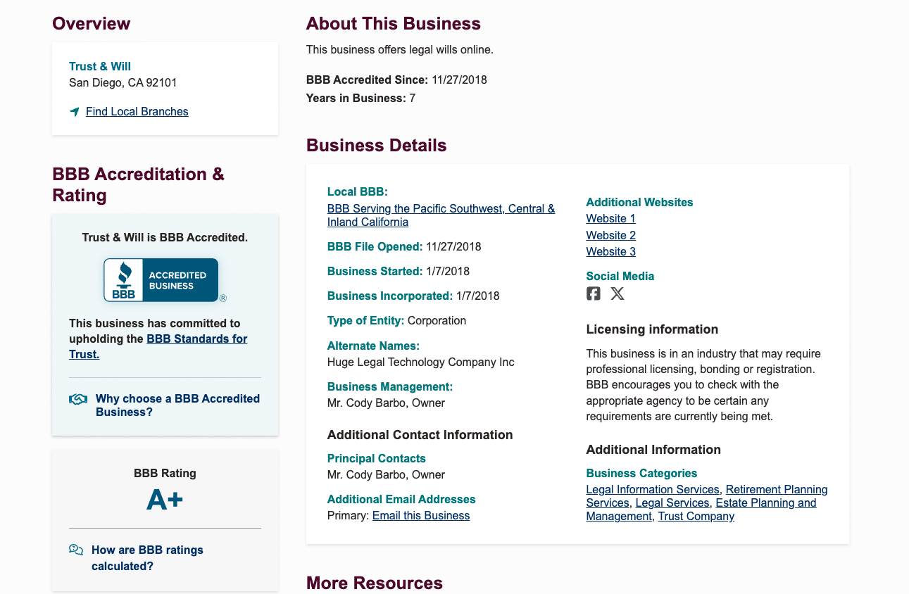 Better Business Bureau profile showing Trust & Will's A+ rating and accreditation details