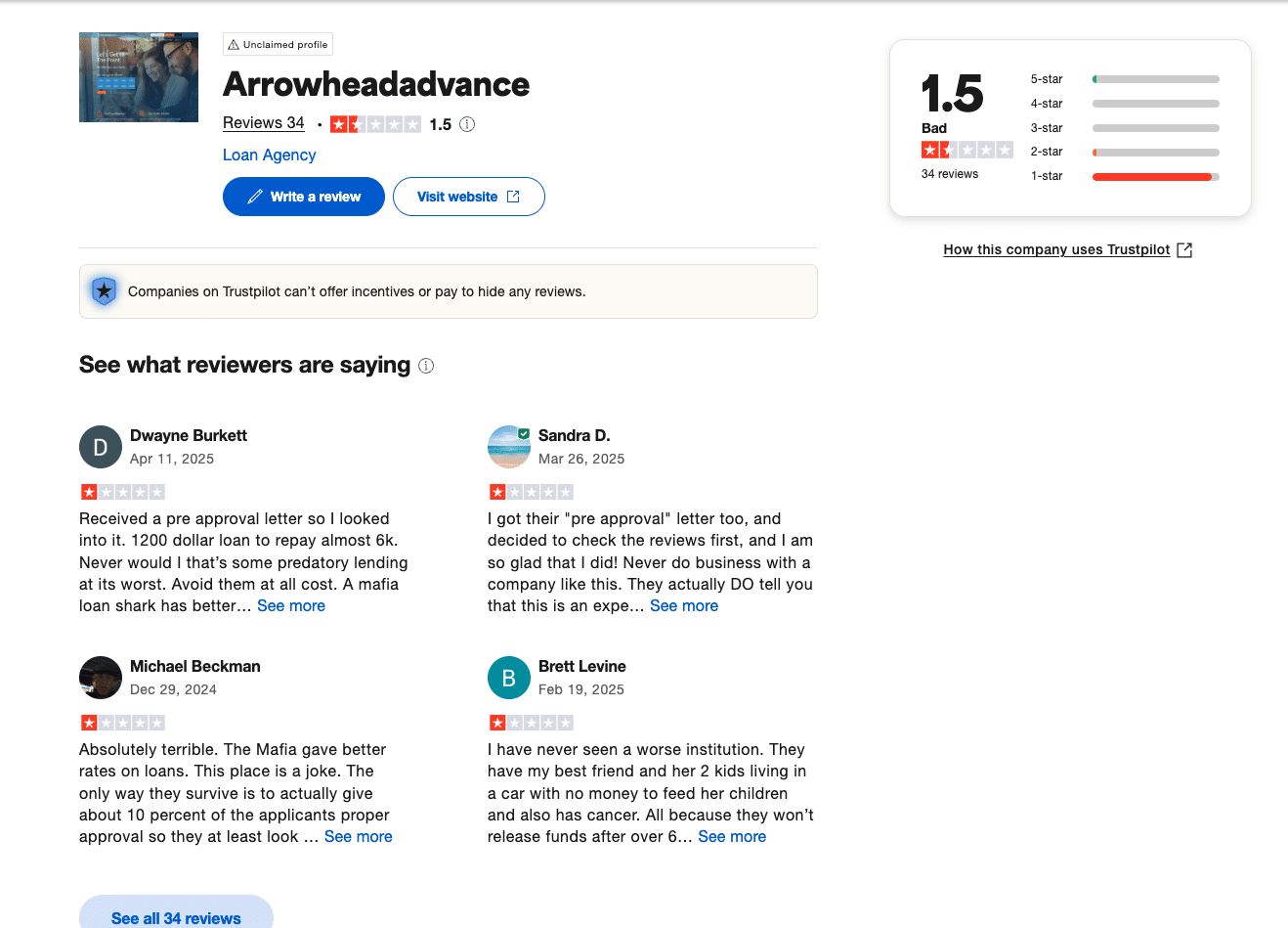 Screenshot of Arrowhead Advance’s Trustpilot page showing a 1.5-star rating and consumer reviews citing negative experiences.