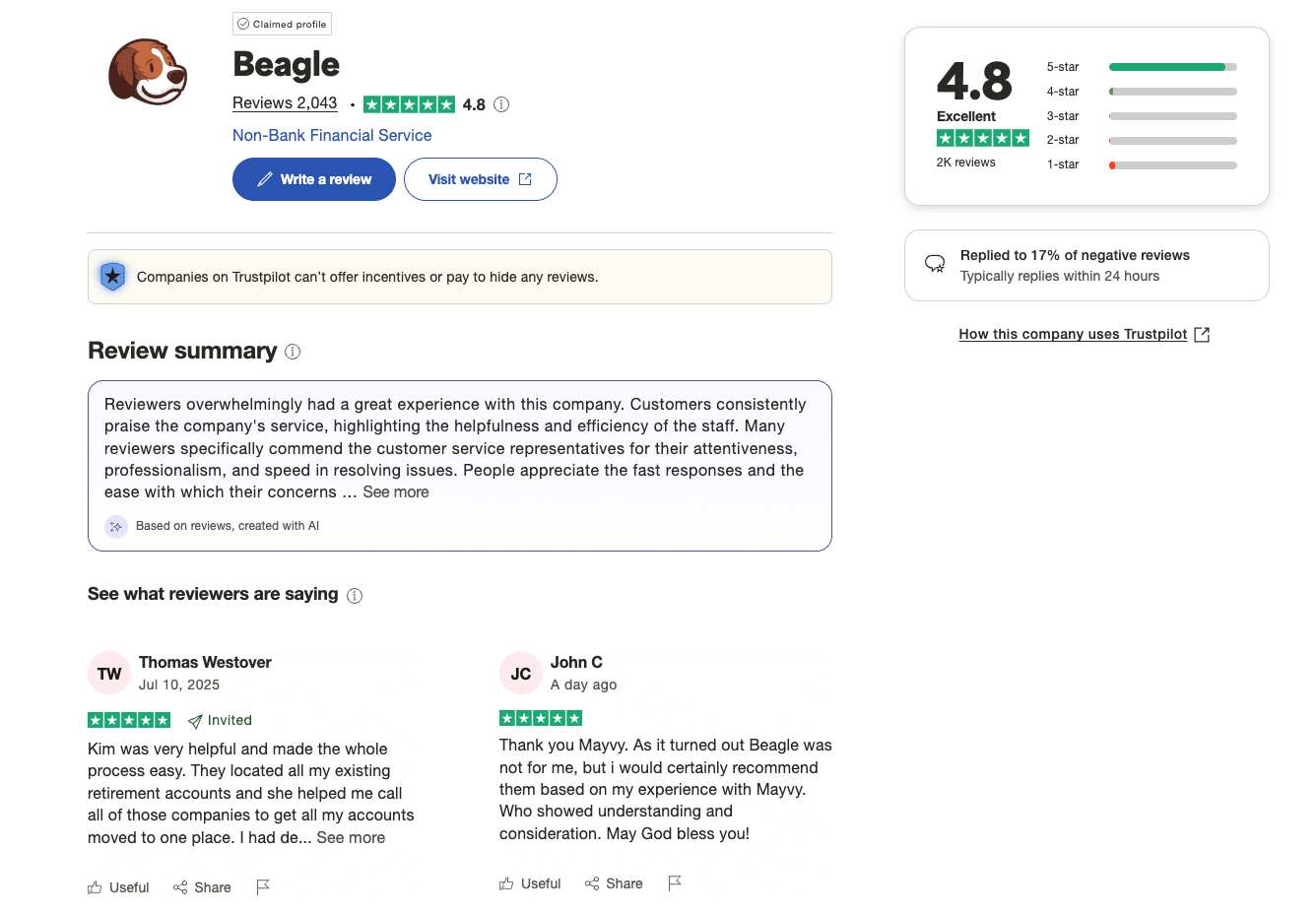 Trustpilot reviews for Beagle showing 4.8 out of 5 star rating from over 2,000 users